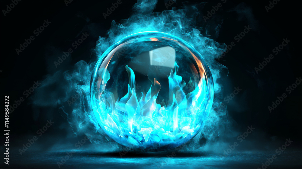 Poster magic energy ball and blue fire power orb game icon with light glow effect. fireball sphere round ve