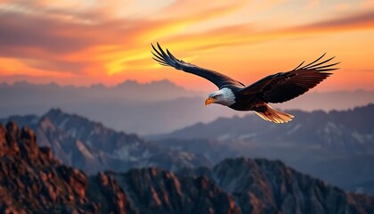 eagle flying over mountains with evening background, sunset