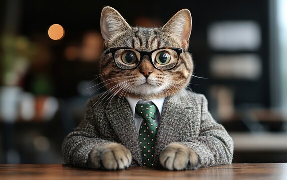 A Dapper Cat in a Gray Suit and Glasses: A Hilarious Business Cat Portrait