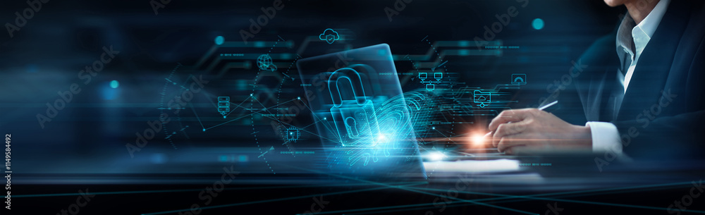 Leinwandbilder Businessman and fingerprint scanning unlock and access to business data network. Privacy data protection, Biometric identification and cyber security protect business transaction from cyber attack.