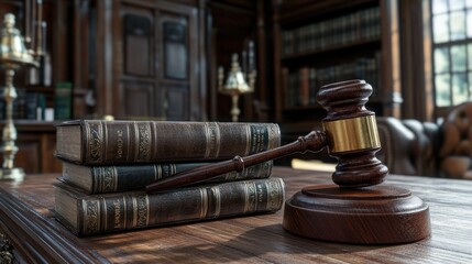 Gavel and antique law books on a wooden desk in a library.