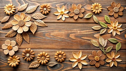 Wooden flowers and leaves on a table, wooden flora, botanical arrangement
