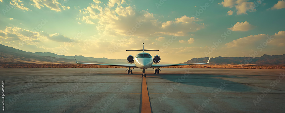 Poster a private jet on a runway with mountains and clouds in the background.