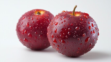 Two ripe red apples glisten with droplets of water, highlighting their freshness and juiciness. The pure white background enhances their vibrant color and natural beauty