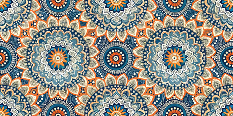 Colorful intricate floral mandala pattern in shades of blue, orange, and cream.
