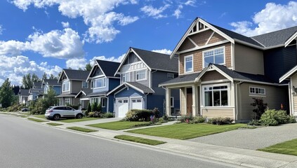 Naklejka premium real estate photograph of a row of town homes in the north eastern united states, straight on photo of building, simple sky 35mm lens,