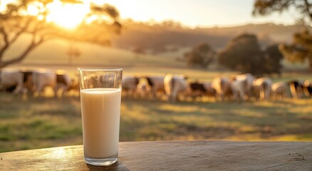A glass of milk on the table with cows in a farmland in the background and a green grassland with sunlight shining through the clouds. 