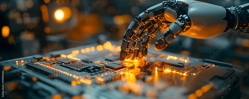 Poster a robotic hand interacts with a glowing circuit board, symbolizing advanced technology.
