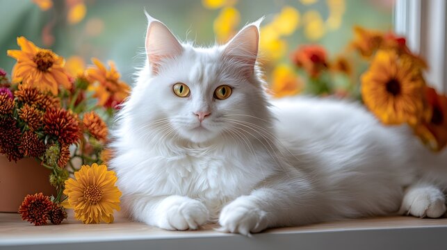A serene white cat lounges gracefully on a colorful windowsill, surrounded by vibrant flowers, embodying calmness and beauty.