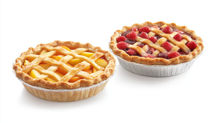 Sweet baked pie top view with fruits and berries. Cartoon vector set of thanksgiving round whole homemade cake with crust and decorative lattice, strawberry and pear, orange slices and apple in jelly