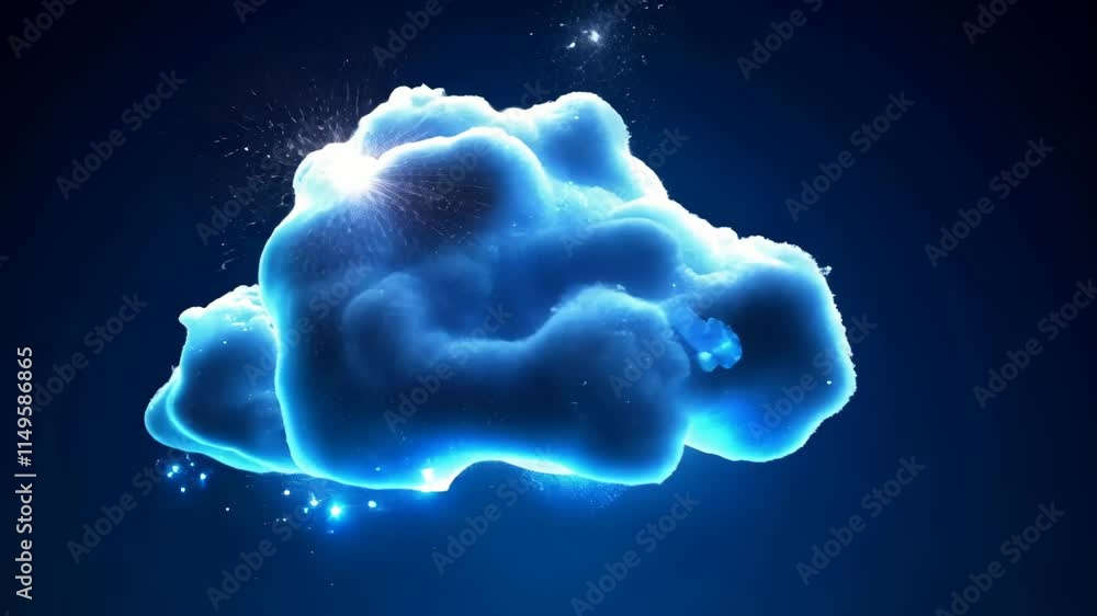 Poster digital art representation of a luminous blue cloud set against a dark background with a shimmering 