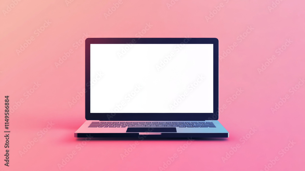 Poster laptop computer with white screen and keyboard front and angle view. vector realistic mockup of mode