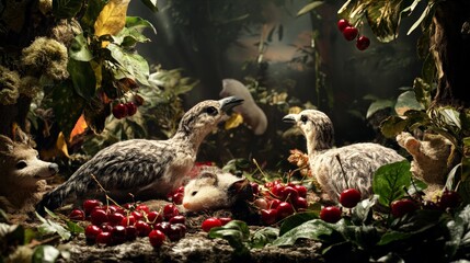 Whimsical Scene of Animals Enjoying Cherries in Orchard