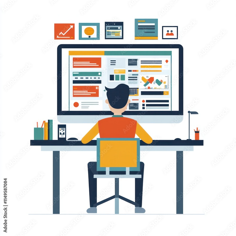 Poster man working on computer, design, data analysis.