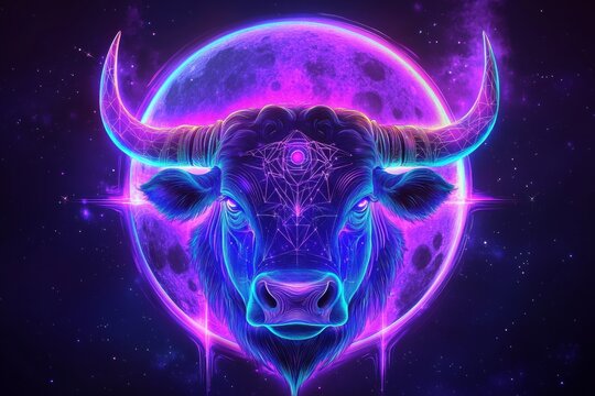 Mystical taurus zodiac sign with neon colors and ethereal moon, emphasizing cosmic power and beauty