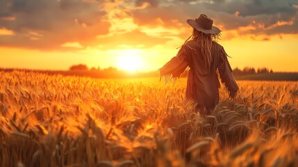 Fototapeta premium Serene Sunset Over Golden Wheat Field with Scarecrow Silhouette Surrounded by Nature, Creating a Peaceful Agricultural Landscape