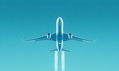 A stylized illustration of an airplane flying upwards against a clear blue sky.