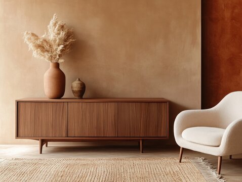 Mid-century modern wooden sideboard with pampas grass in terracotta vase, off-white armchair, and jute rug against a textured earthy wall.