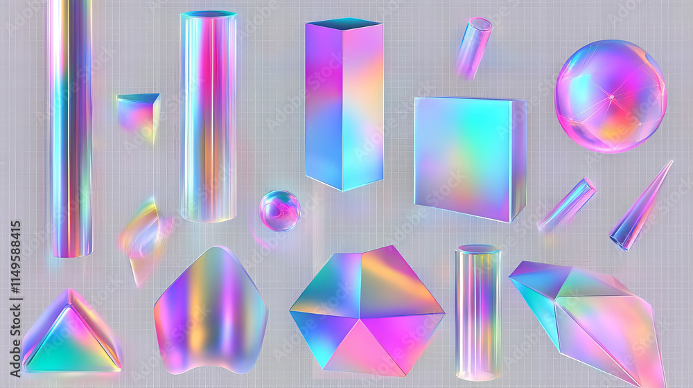 Poster realistic 3d set of iridescent geometric figures isolated on transparent background. vector illustra