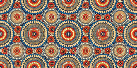 Fototapeta premium Colorful circular mandala pattern in warm tones on a deep blue background.