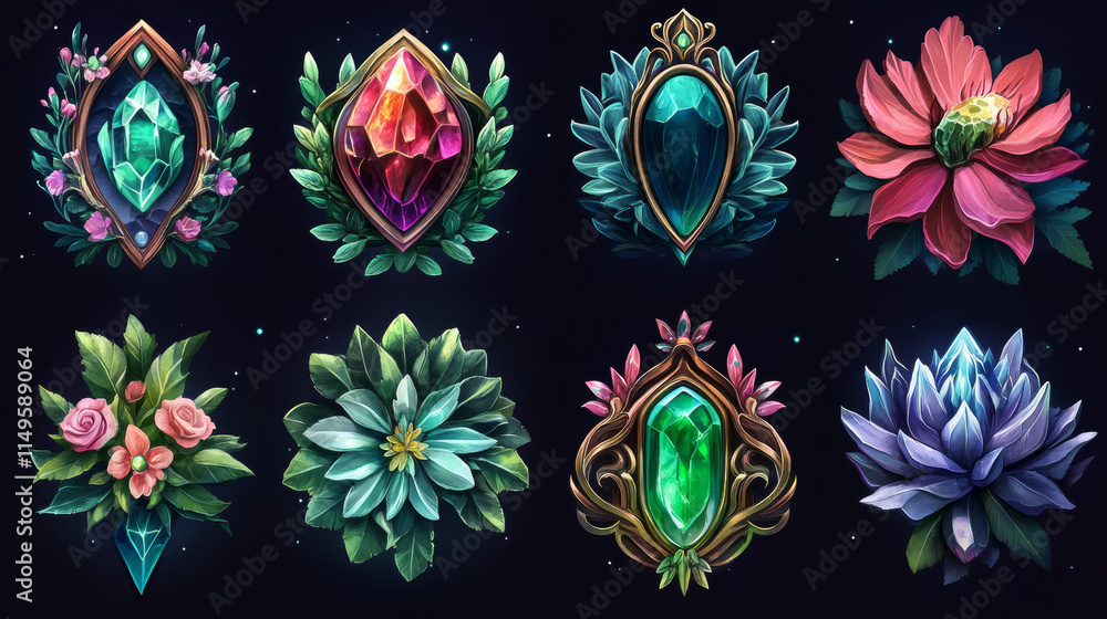 Poster game ranking system with silver frames and green crystals. progress of award badges from simple to c