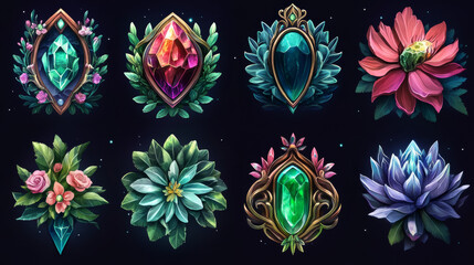 Game ranking system with silver frames and green crystals. Progress of award badges from simple to complex with floral patterns, curved elements, decorative spikes. Fantasy rpg achievement interface.