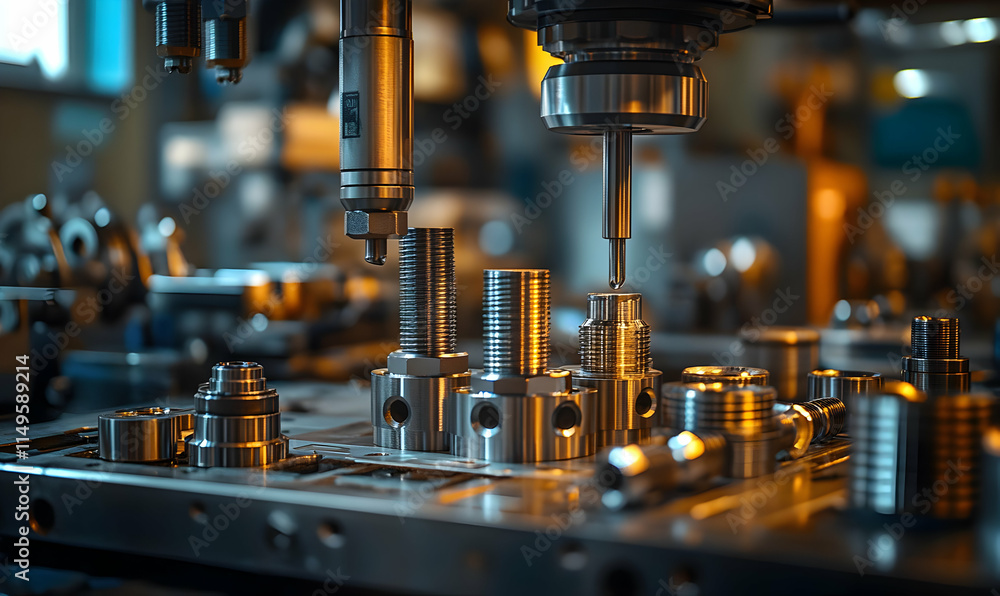 Poster a close-up view of precision metal machining with various components and tools in a workshop.