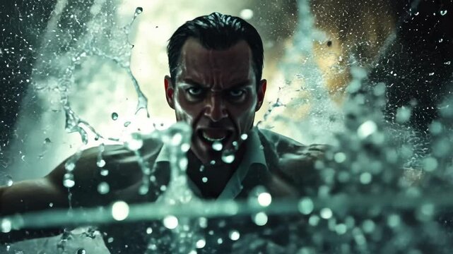 Intense Portrait of Man Emerging from Water with Powerful Expression