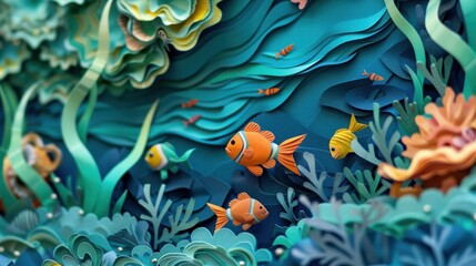 Vibrant paper art depicting an underwater scene with colorful fish and coral.