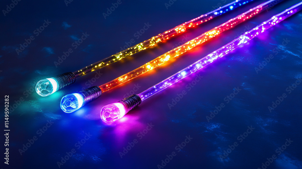 Poster magic wands set with sparkling swirls isolated on transparent background. vector realistic illustrat