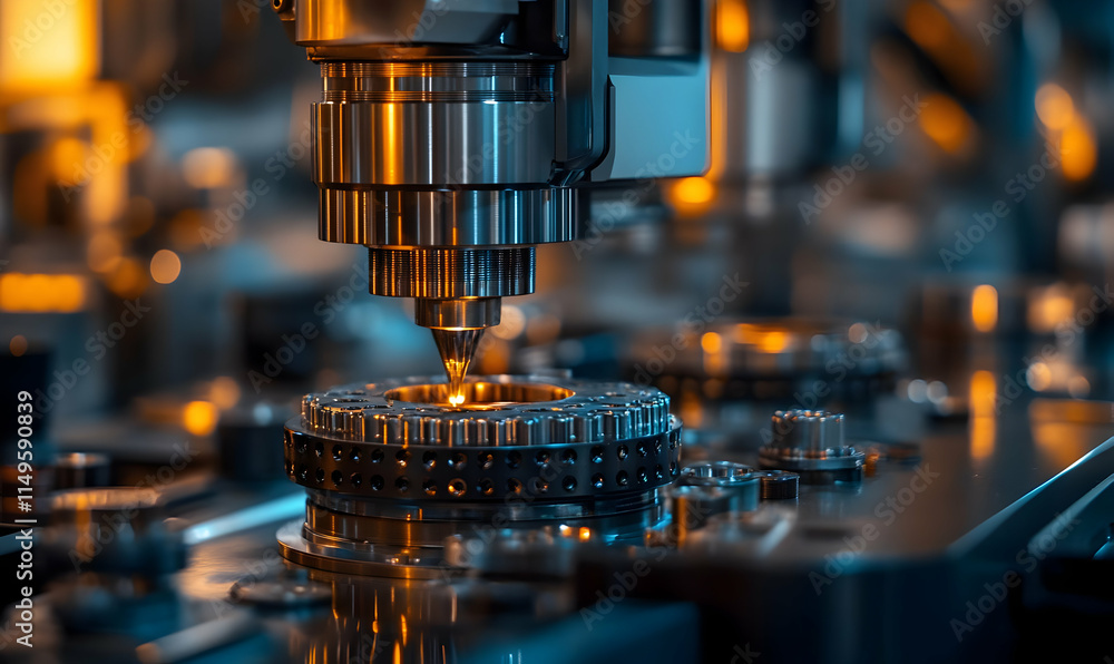 Poster a close-up of a precision machine tool working on a metal component in an industrial setting.