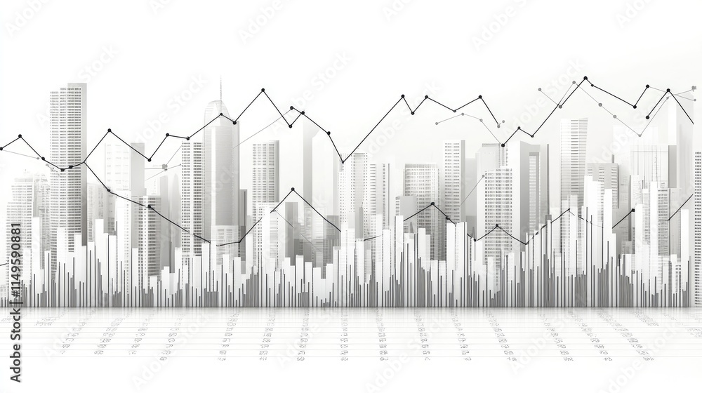 Poster high-tech white-on-white theme with financial data overlays, coding elements, and candle charts in a
