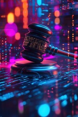 A digital gavel surround by glowing binary code background