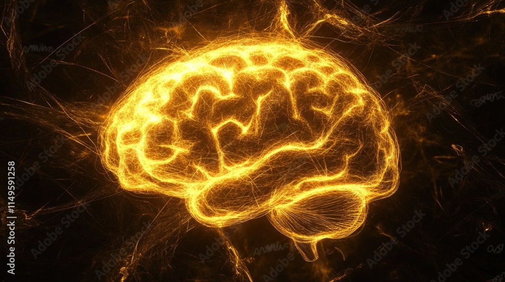 Poster human brain illuminated by intricate glowing connections, symbolizing thought and neural networks.