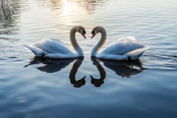 Fototapeta premium A pair of swans gliding across the water, their reflections creating a heart shape.