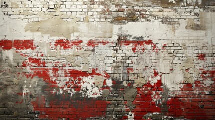 Weathered red brick wall with peeling paint and plaster.