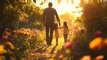 Father Walking With His Two Daughters In A Garden