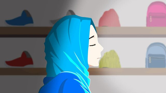 A vector animation of a woman in a hijab walking, with smooth, graceful motion, her hijab flowing gently as she strides, captured in a simple, stylized design.