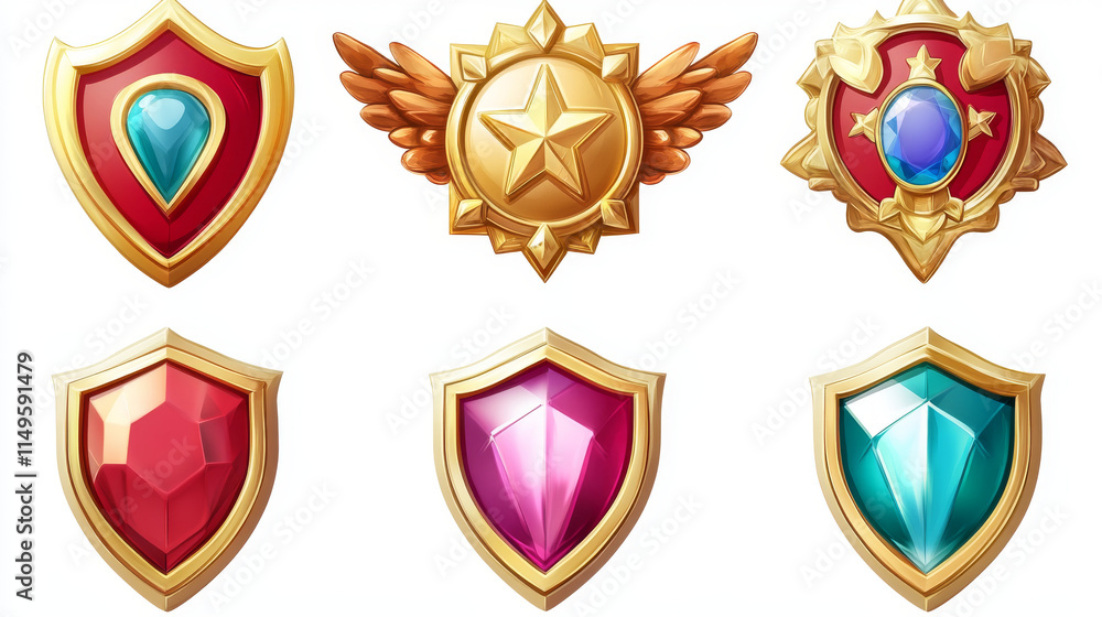 Poster military game rank buttons set isolated on background. vector realistic illustration hexagonal red s