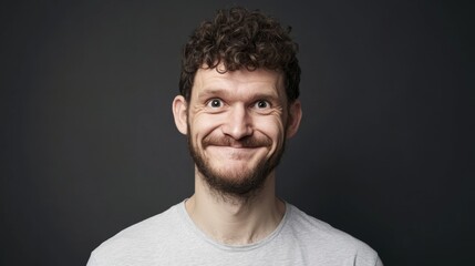Obraz premium Man with curly hair smiling in front of a dark background during a casual indoor moment