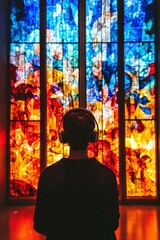 back view of a person wearing headphone and looking at colorful stained glass windows in an art gallery
