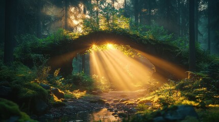Obraz premium Sunbeams through mystical forest arch.
