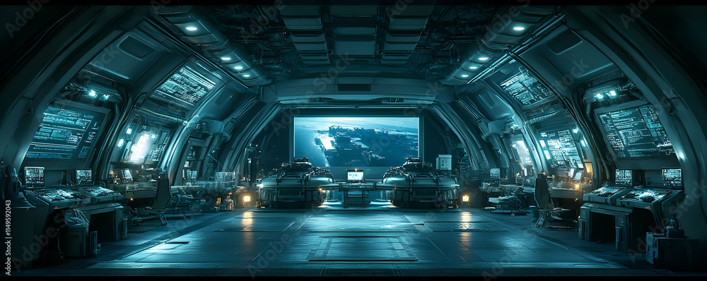 Poster a futuristic control room with spacecraft and a view of outer space.