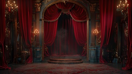 Mysterious red velvet curtains in a grand, dark, antique theater stage.