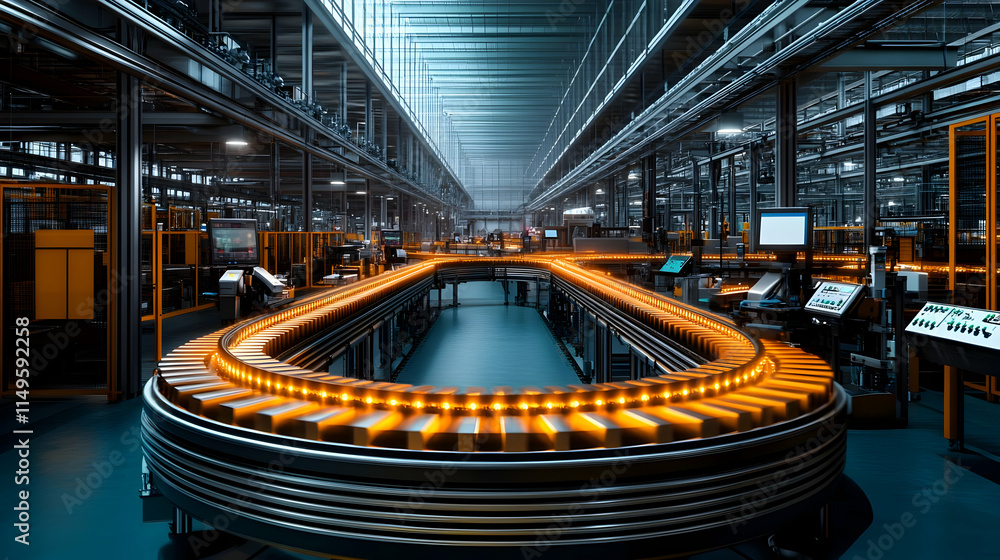 Poster an industrial conveyor system in a large warehouse, designed for efficient material handling.