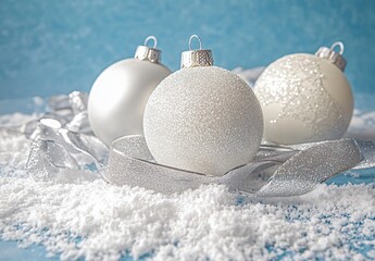 Elegant White Glitter Christmas Ornaments with Silver Ribbon on Snow