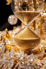 an hourglass filled with golden sand surrounded by gold and diamonds