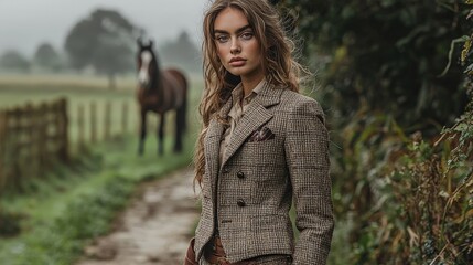 Elegant woman in tweed jacket with horse on misty countryside trail