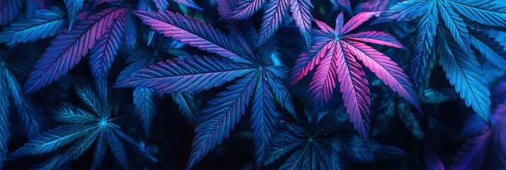 Closeup of cannabis leaves with purple and blue hues of neon light
