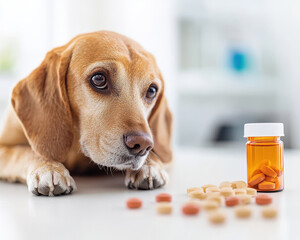 Fototapeta na wymiar dog looking curiously at pet medications and vitamins on table